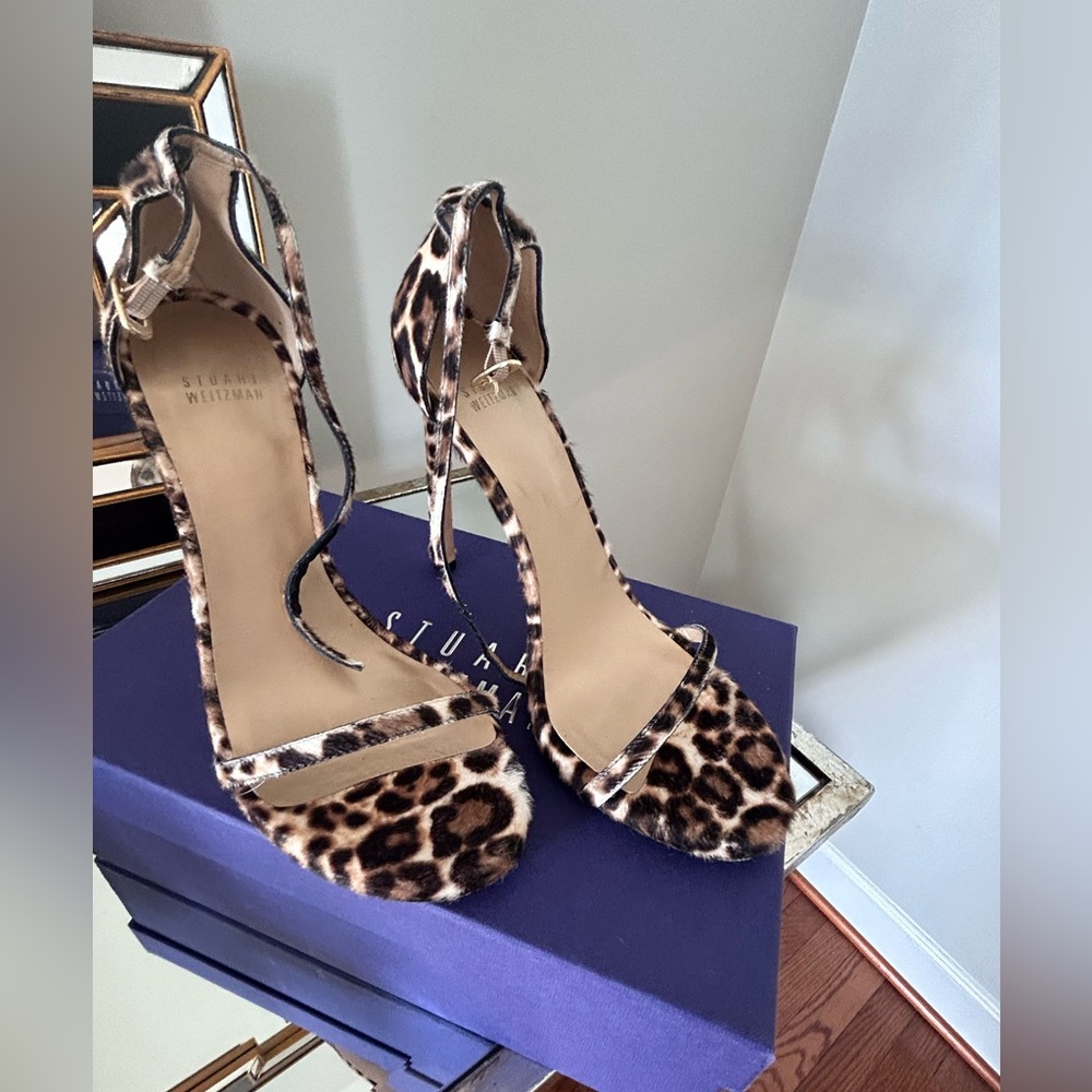 Stuart Weitzman leopard calf hair Nudist sandals 100 mm Retail $495